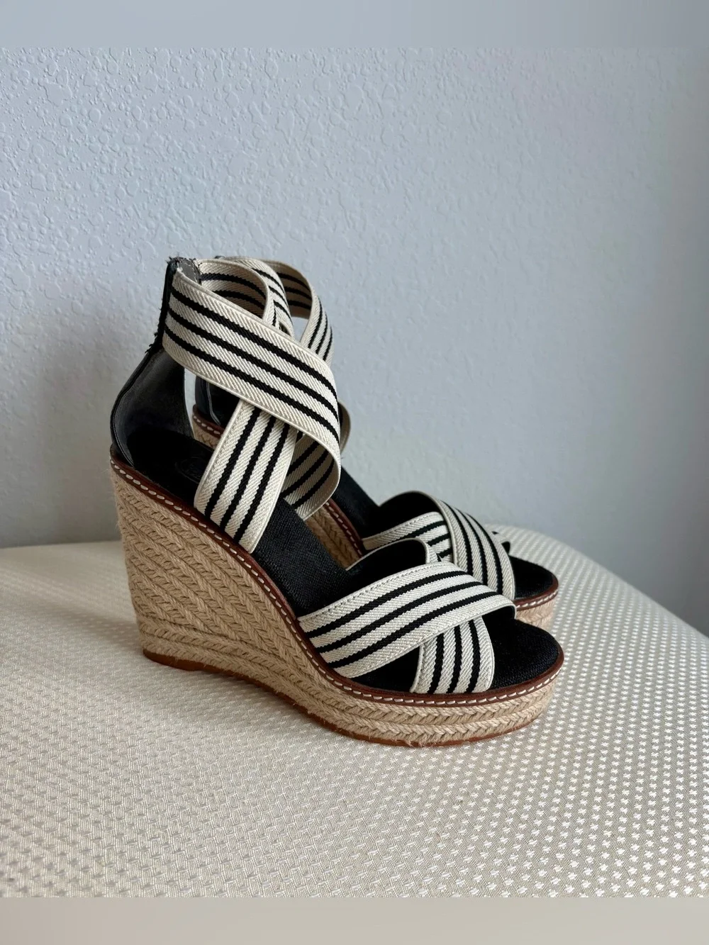 Tory Burch Frieda Black and White Striped Espadrille Wedge Sandals